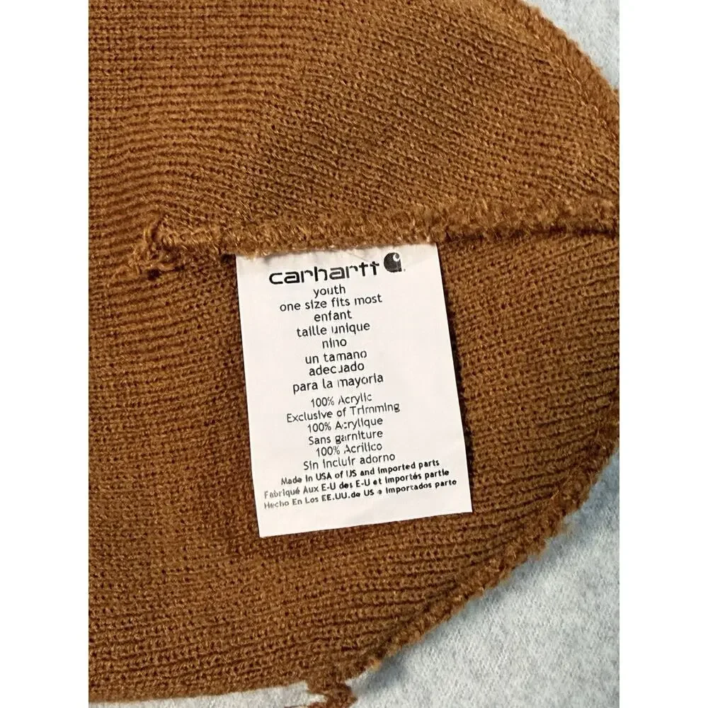 Carhartt Hat Beanie Cuffed Knit Youth One Size Brown Logo Winter Workwear Boys